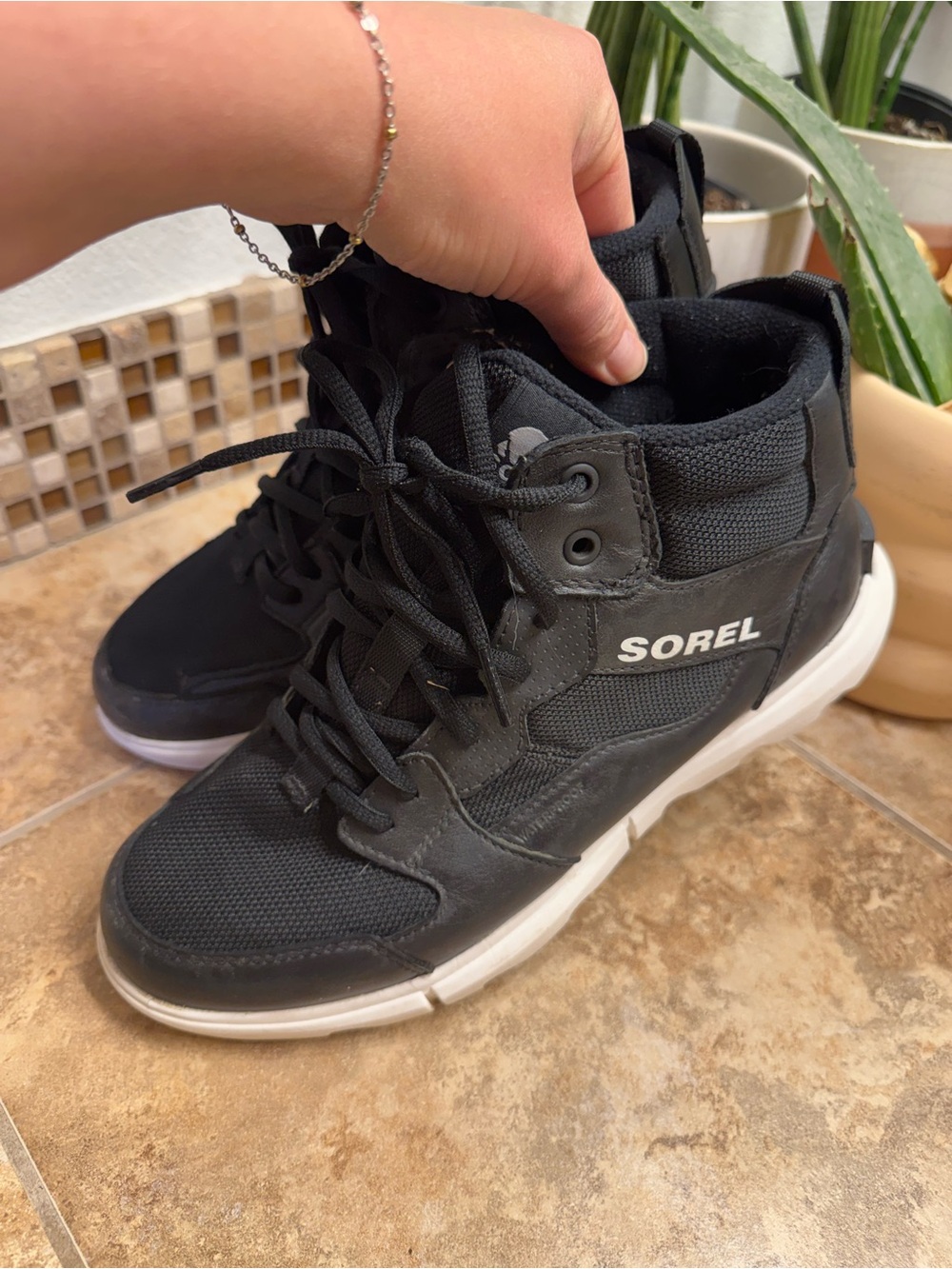 Sorel Black Lace-Up High-Top Sneakers with White Soles Waterproof